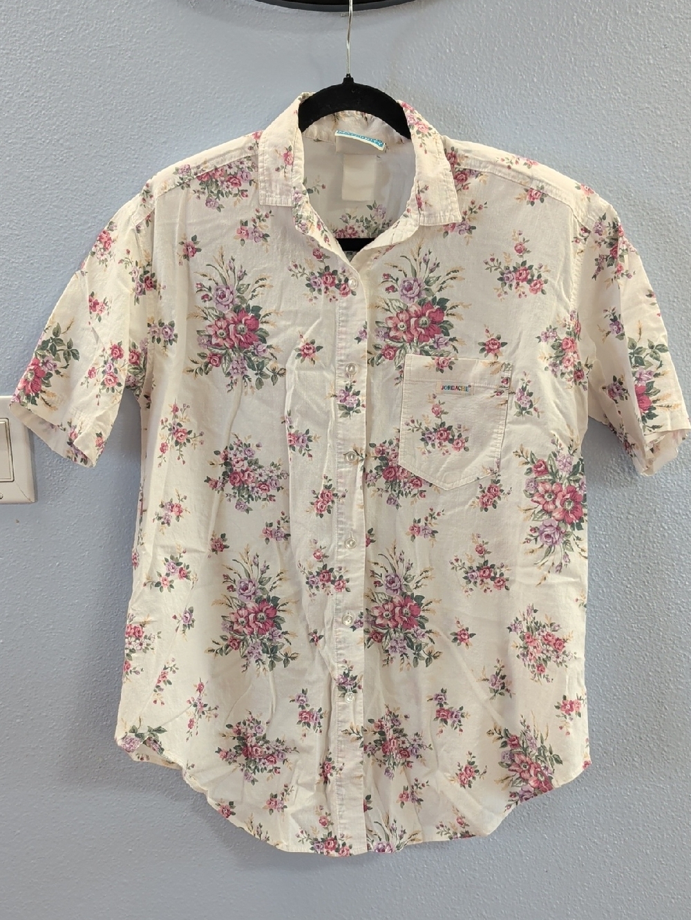 Jordache Maternity Floral Short-Sleeve Button-Up Shirt - Cream with Pink Floral